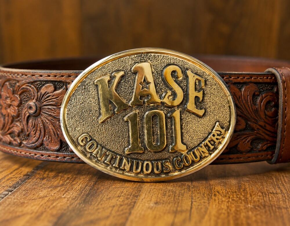 Vtg 70s KASE 101 Brass Belt Buckle Country Western Radio Station Austin TX Gold